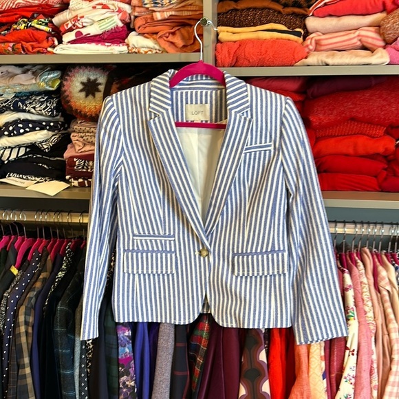 Loft 54% linen blue/white pinstriped one button blazer size 0 - Picture 1 of 5